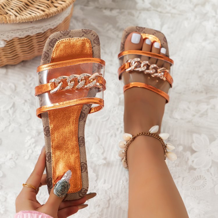 Customized Logo New Designer Famous Slippers For Women Ladies Metal Chain Decoration Flat Slides Slippers