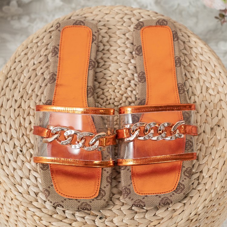 Customized Logo New Designer Famous Slippers For Women Ladies Metal Chain Decoration Flat Slides Slippers
