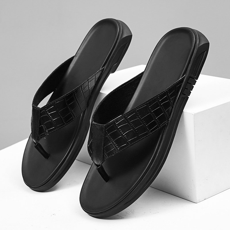 China Factory Wholesale Pure Color Fashion Slides High Quality Custom Brand Mens Genuine Leather Slippers