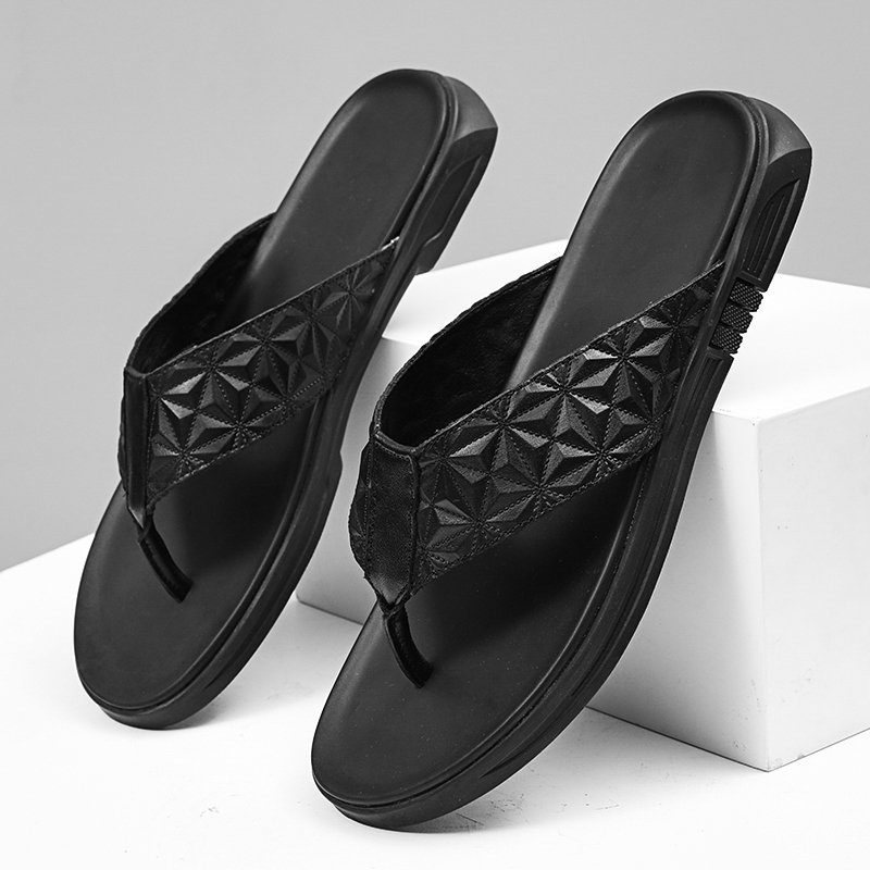 China Factory Wholesale Pure Color Fashion Slides High Quality Custom Brand Mens Genuine Leather Slippers