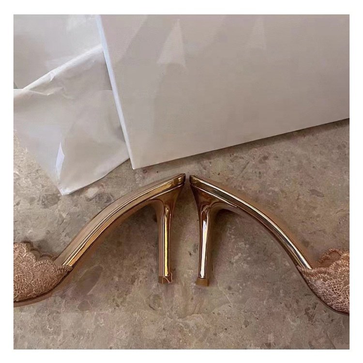 2024 New French Style Summer Champagne Lace Vamp Stilettos Pointed Toe Thin High Heels Slide Women Slippers