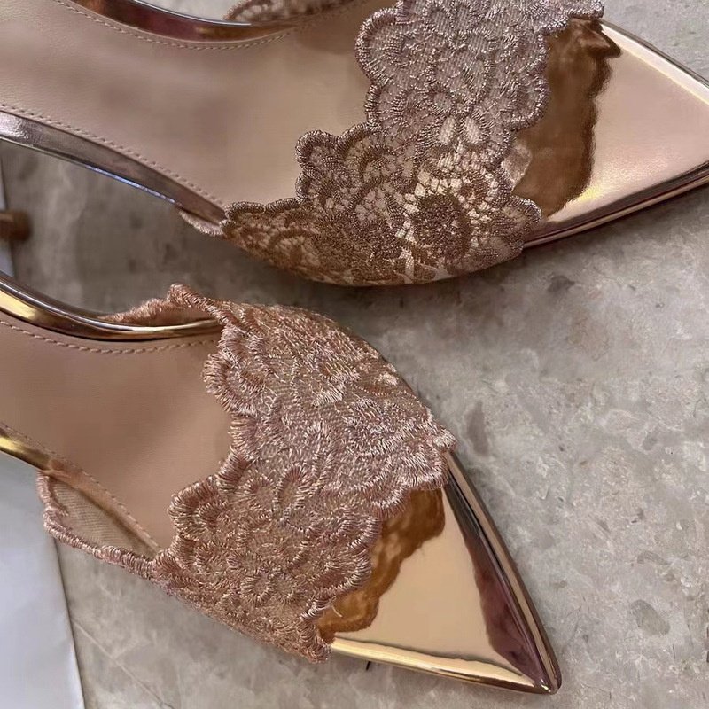 2024 New French Style Summer Champagne Lace Vamp Stilettos Pointed Toe Thin High Heels Slide Women Slippers