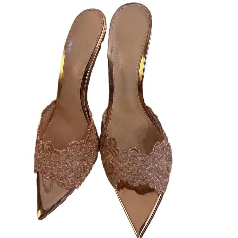 2024 New French Style Summer Champagne Lace Vamp Stilettos Pointed Toe Thin High Heels Slide Women Slippers