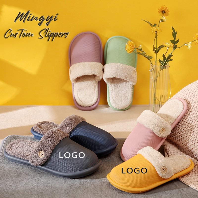 New Removable Cotton Fabric Lining Womens Men Home Winter Warm Plush Mules Slides Slippers Women Men's Custom Logo