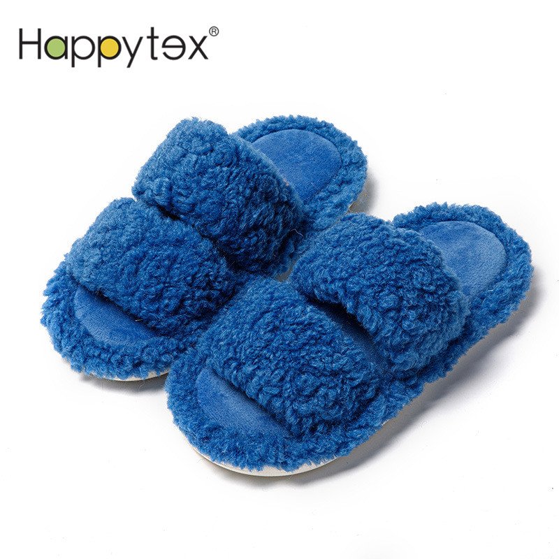 Luxury Home Double Strap Furry Lamb Curly Fluffy Non-Slip Soft Plush Warm Winter Slippers For Women Girls Fur Slides Slippers
