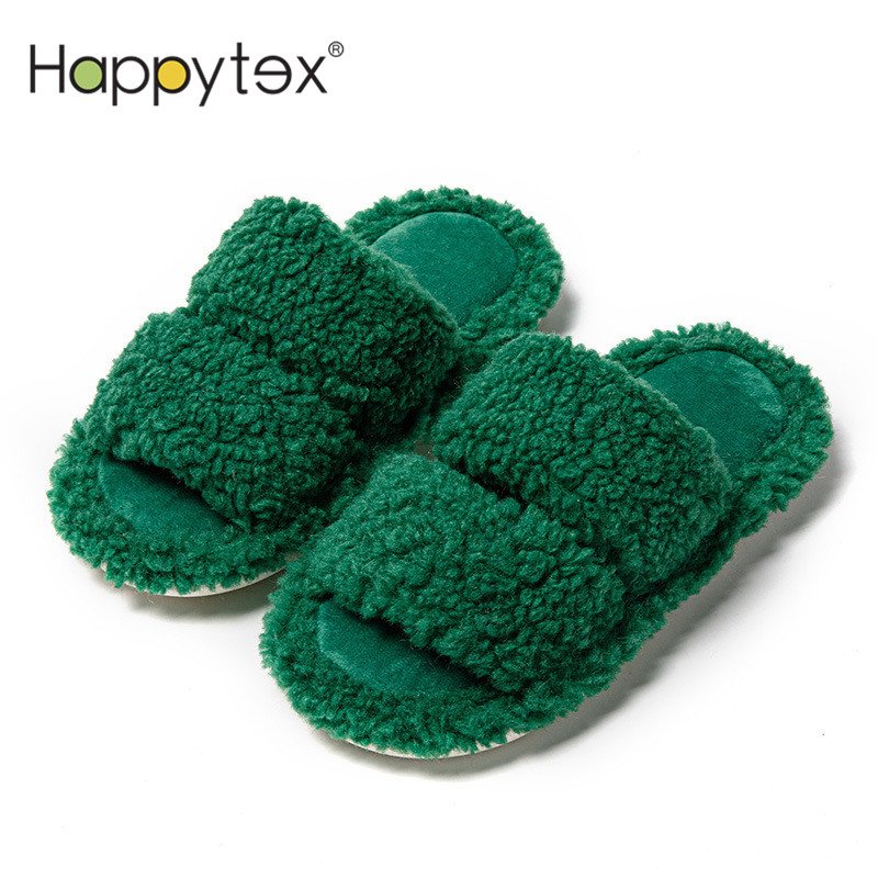 Luxury Home Double Strap Furry Lamb Curly Fluffy Non-Slip Soft Plush Warm Winter Slippers For Women Girls Fur Slides Slippers