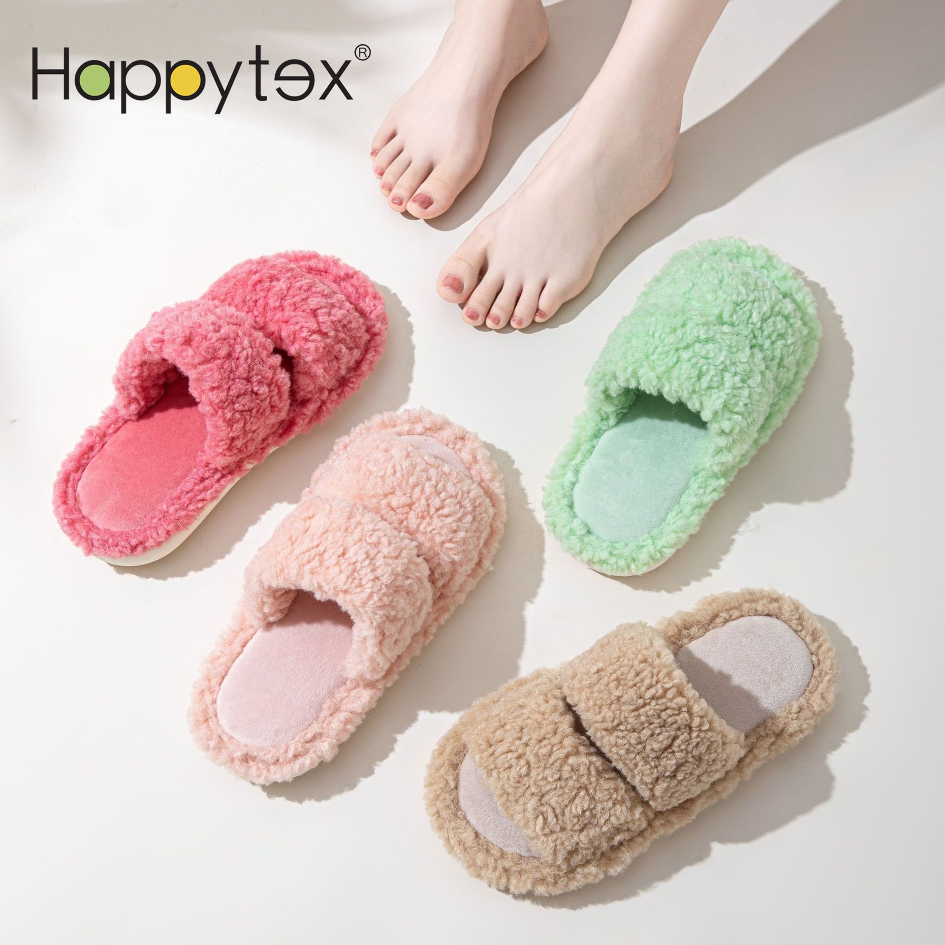 Luxury Home Double Strap Furry Lamb Curly Fluffy Non-Slip Soft Plush Warm Winter Slippers For Women Girls Fur Slides Slippers