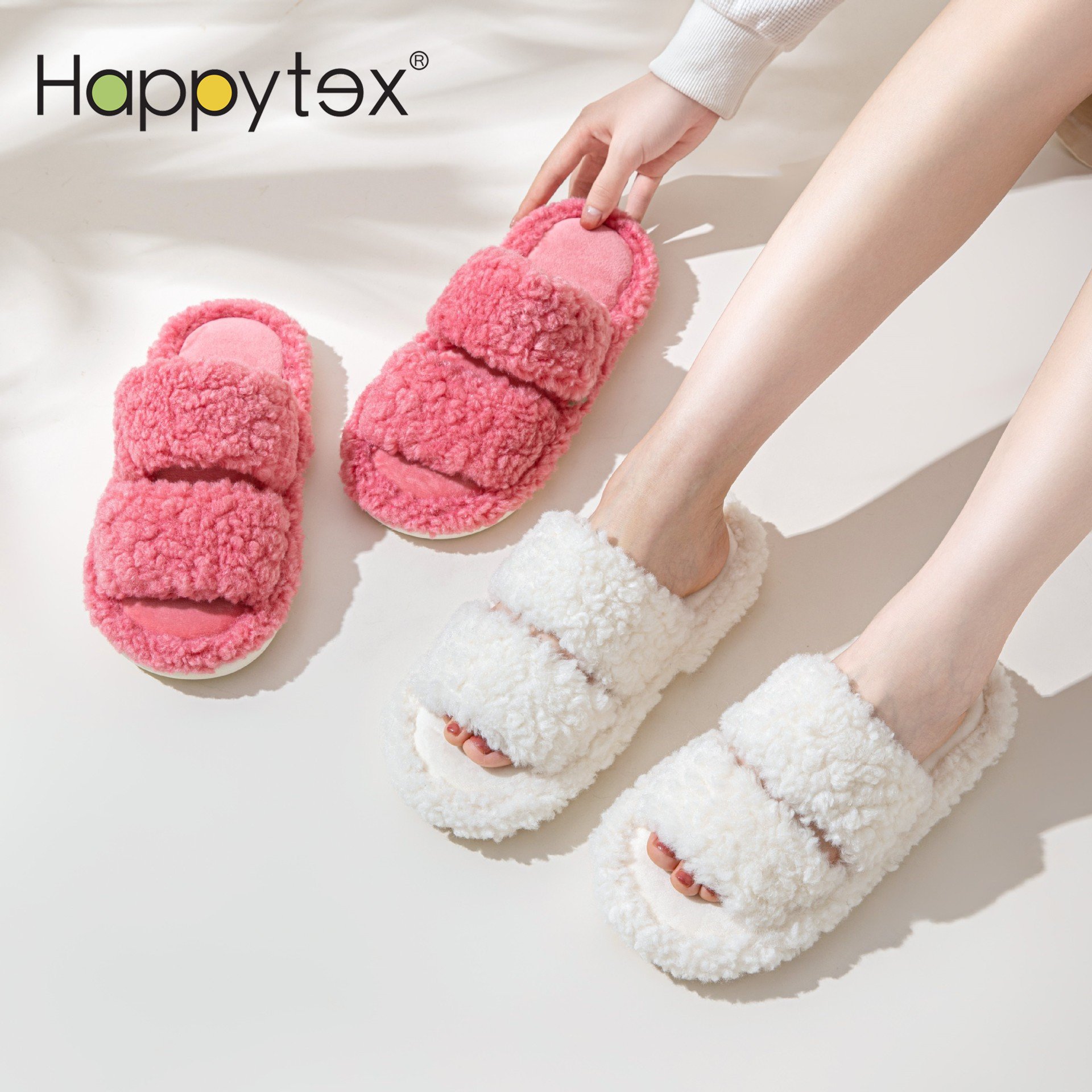 Luxury Home Double Strap Furry Lamb Curly Fluffy Non-Slip Soft Plush Warm Winter Slippers For Women Girls Fur Slides Slippers