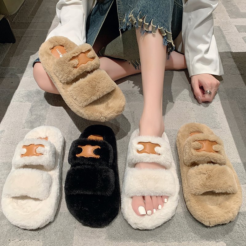 Women's Fashion Soft Indoor Home Fluffy Fuzzy Sheep Skin Slippers Real Wool Fur Open Toe Fur Slides Slippers