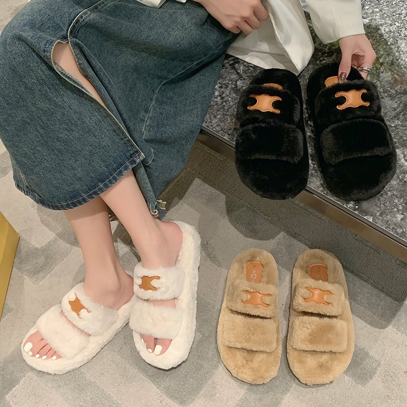 Women's Fashion Soft Indoor Home Fluffy Fuzzy Sheep Skin Slippers Real Wool Fur Open Toe Fur Slides Slippers