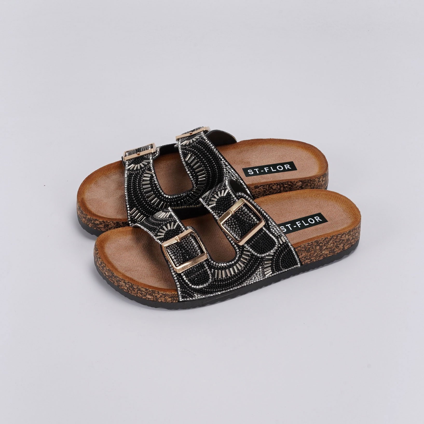 Wholesale Women Classical Buckle Sandals Foot-bed Leather Cork Sandals Roman Slides Women Slippers With Diamond