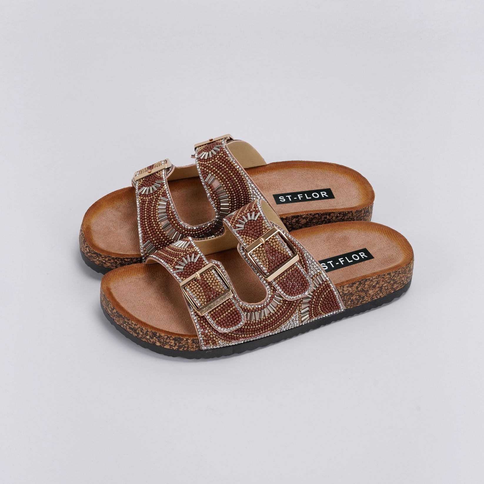 Wholesale Women Classical Buckle Sandals Foot-bed Leather Cork Sandals Roman Slides Women Slippers With Diamond