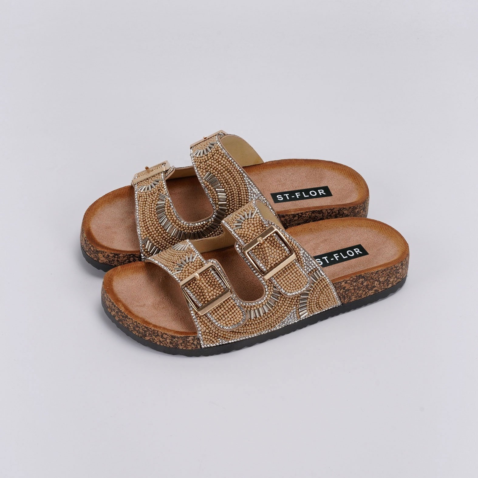Wholesale Women Classical Buckle Sandals Foot-bed Leather Cork Sandals Roman Slides Women Slippers With Diamond