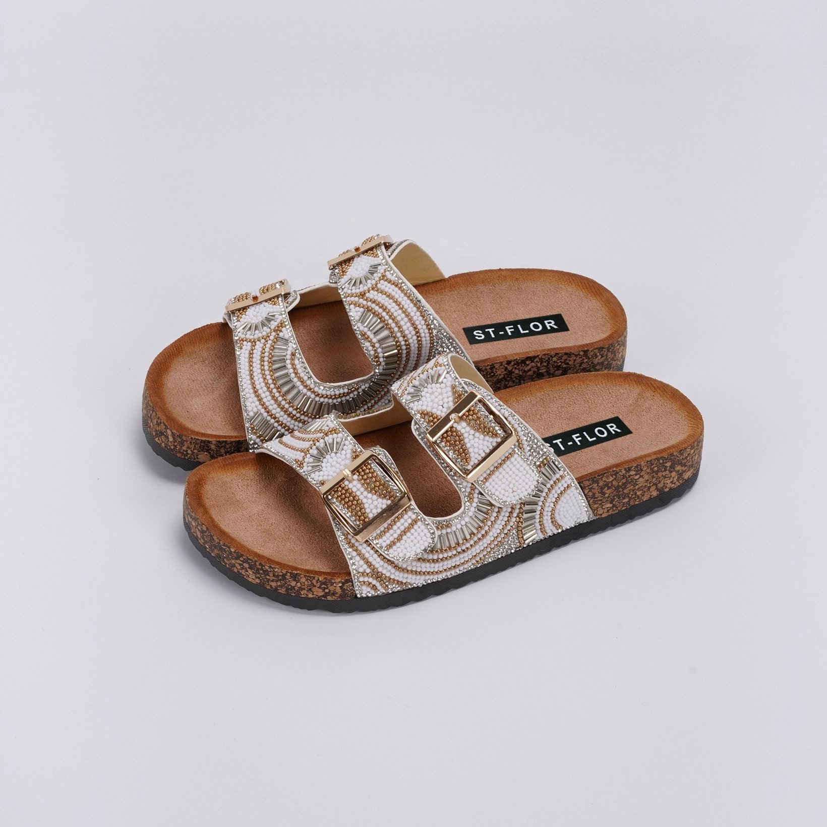 Wholesale Women Classical Buckle Sandals Foot-bed Leather Cork Sandals Roman Slides Women Slippers With Diamond
