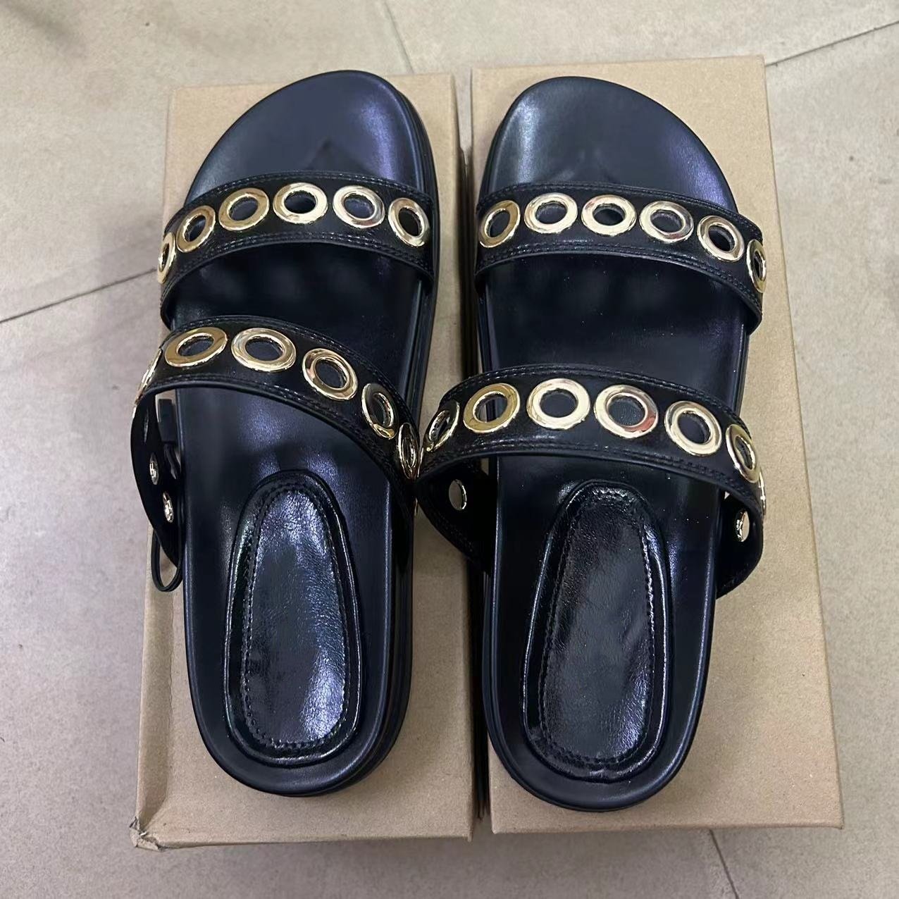 SHIKOL slippers for girls black luxury studded double strap flats sandals women fashion casual slide slippers ladies slippers