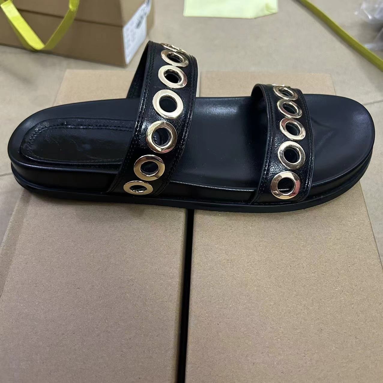 SHIKOL slippers for girls black luxury studded double strap flats sandals women fashion casual slide slippers ladies slippers