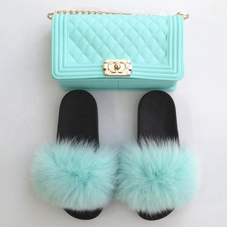 Yellow Fluffy women Fur Slippers Set Handbag Furry Real Fox Fur Slides Shoes yellow colors Jelly Bag Purse set