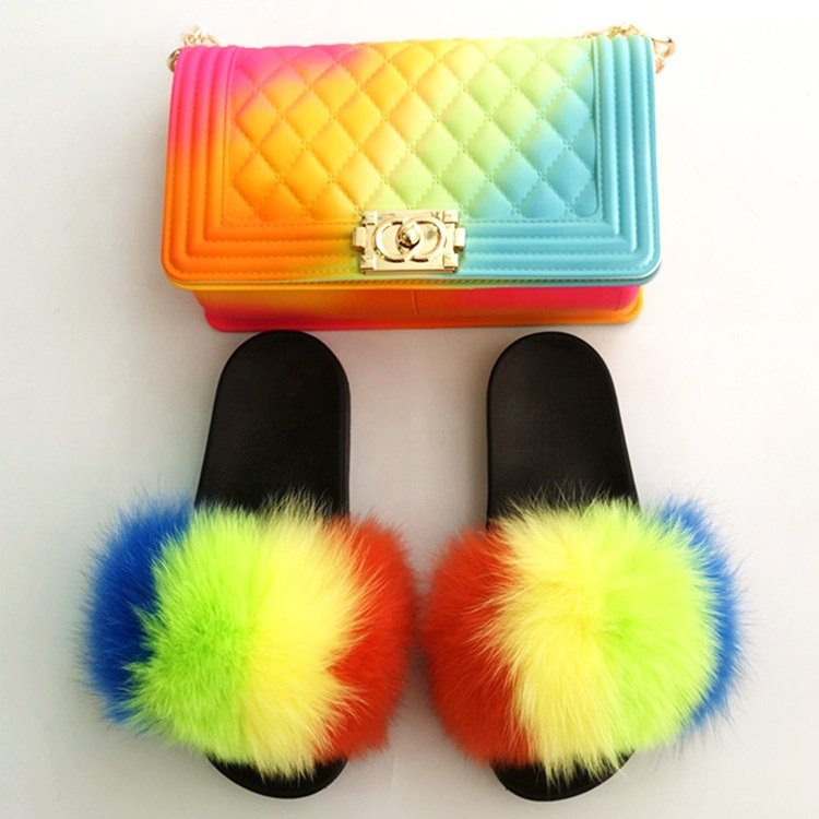 Yellow Fluffy women Fur Slippers Set Handbag Furry Real Fox Fur Slides Shoes yellow colors Jelly Bag Purse set