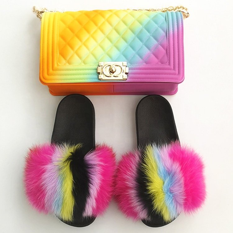 Yellow Fluffy women Fur Slippers Set Handbag Furry Real Fox Fur Slides Shoes yellow colors Jelly Bag Purse set