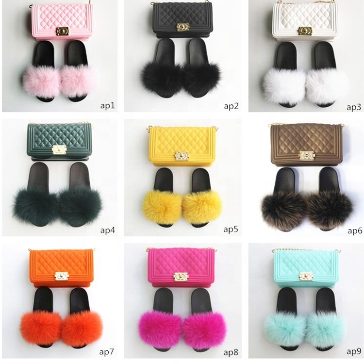 Yellow Fluffy women Fur Slippers Set Handbag Furry Real Fox Fur Slides Shoes yellow colors Jelly Bag Purse set