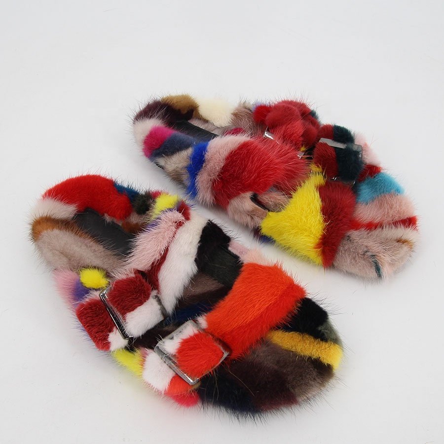 QIUCHEN OEM QC21001 High Quality Outdoor Real Mink Fur Slides For Women
