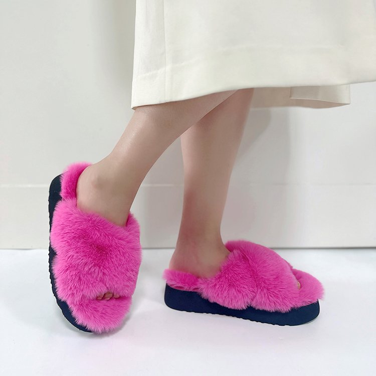 Custom New Arrival Cross Band Outdoor Platform Furry Custom Fluffy Women Fashion Fur Slippers for Women