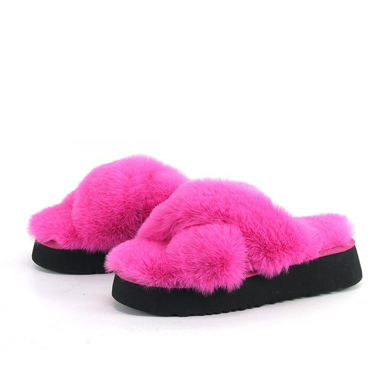 Custom New Arrival Cross Band Outdoor Platform Furry Custom Fluffy Women Fashion Fur Slippers for Women