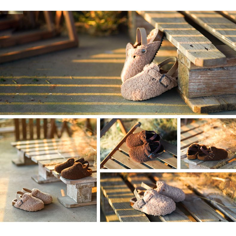 Winter Warm Retro Children Kids Plush Suede Fleece Elastic Clogs Sliders Slippers Shoes Toddler Baby Boys Girls Sherpa Slippers
