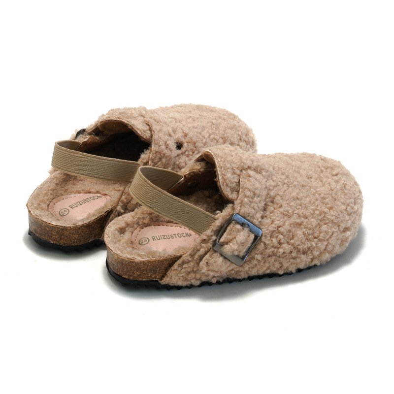 Winter Warm Retro Children Kids Plush Suede Fleece Elastic Clogs Sliders Slippers Shoes Toddler Baby Boys Girls Sherpa Slippers