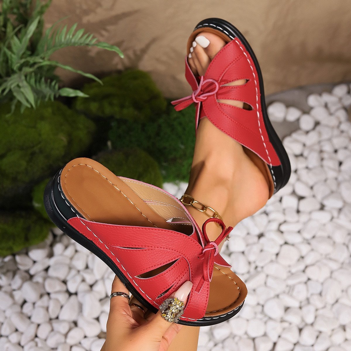 Light Loafers Plus Size Shoes 2024 Stnm Sandals New Women's Wedge Heel Thick Bow Decorative Light Plus Size Sandals