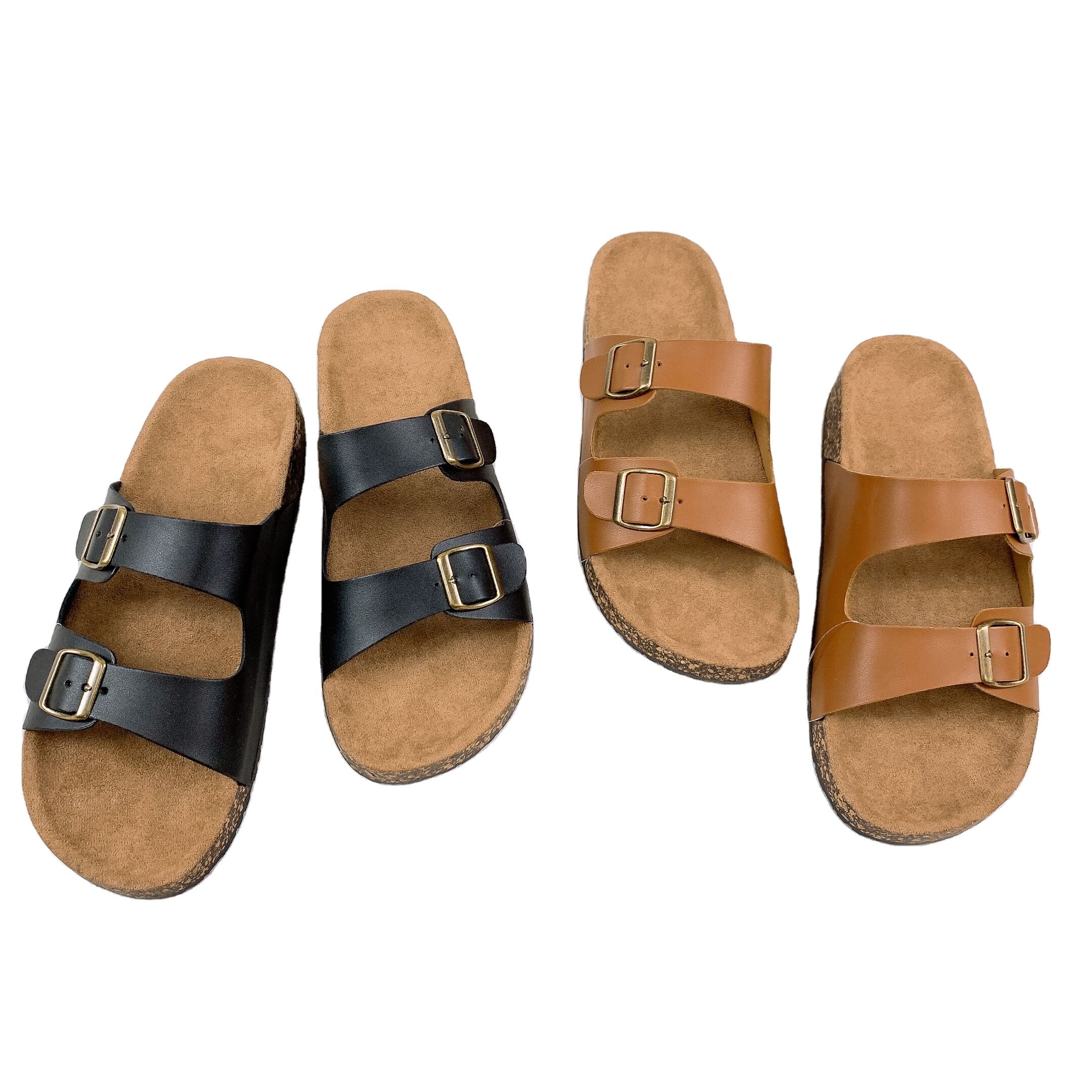 PU Leather Men Open Toe Waterproof Flat Double Adjustable Buckle Strap Indoor Outdoor PVC Cork Sole Birken Design Slippers Slide