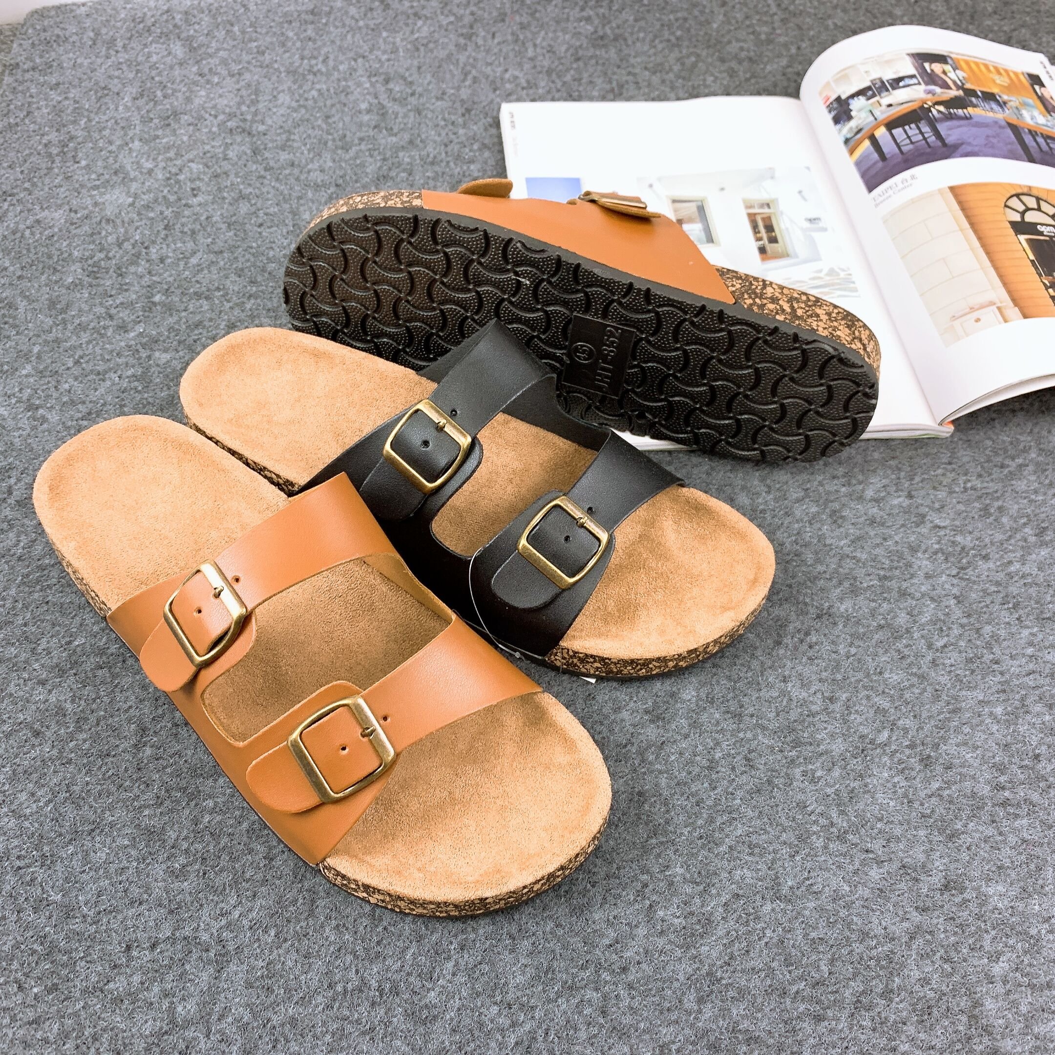 PU Leather Men Open Toe Waterproof Flat Double Adjustable Buckle Strap Indoor Outdoor PVC Cork Sole Birken Design Slippers Slide