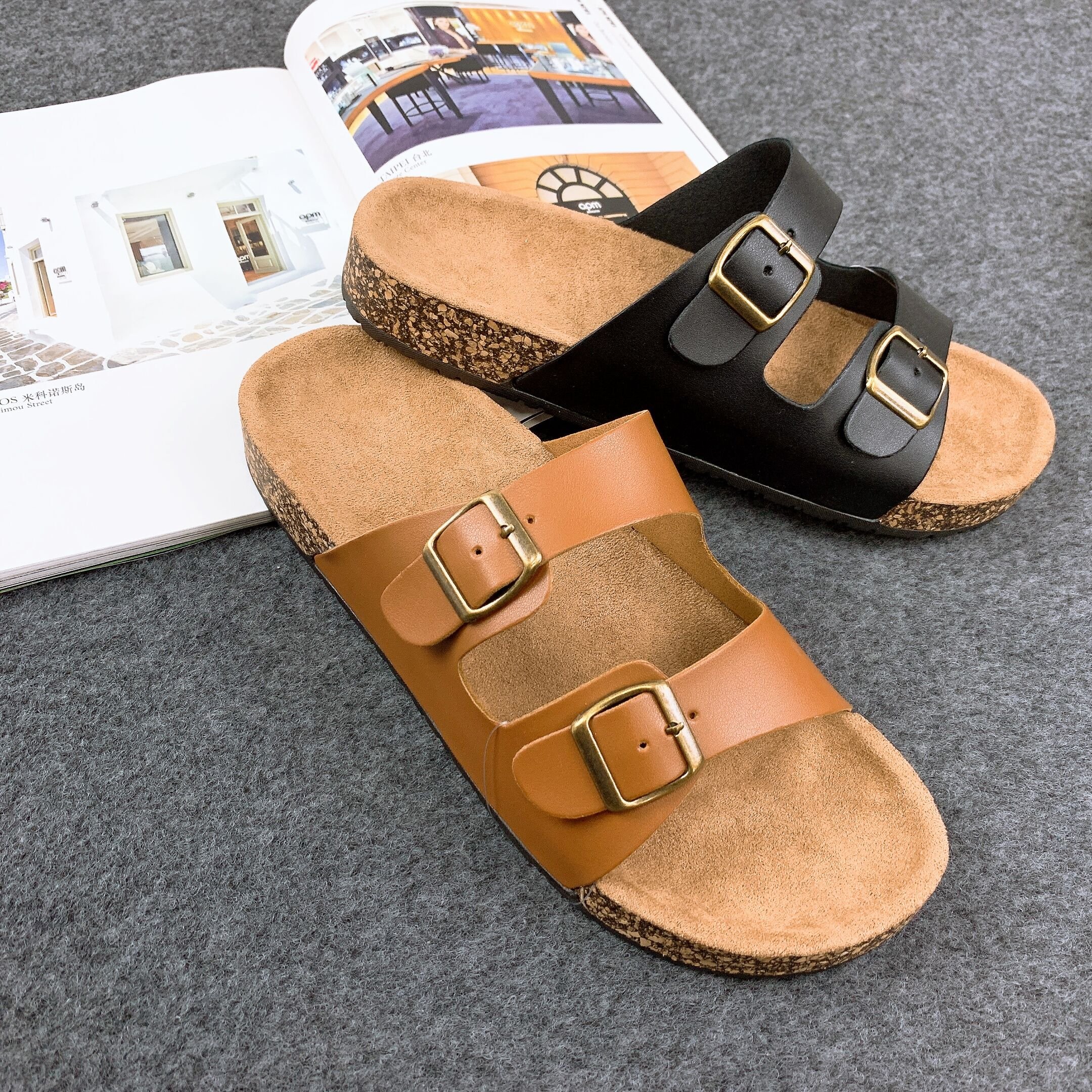 PU Leather Men Open Toe Waterproof Flat Double Adjustable Buckle Strap Indoor Outdoor PVC Cork Sole Birken Design Slippers Slide