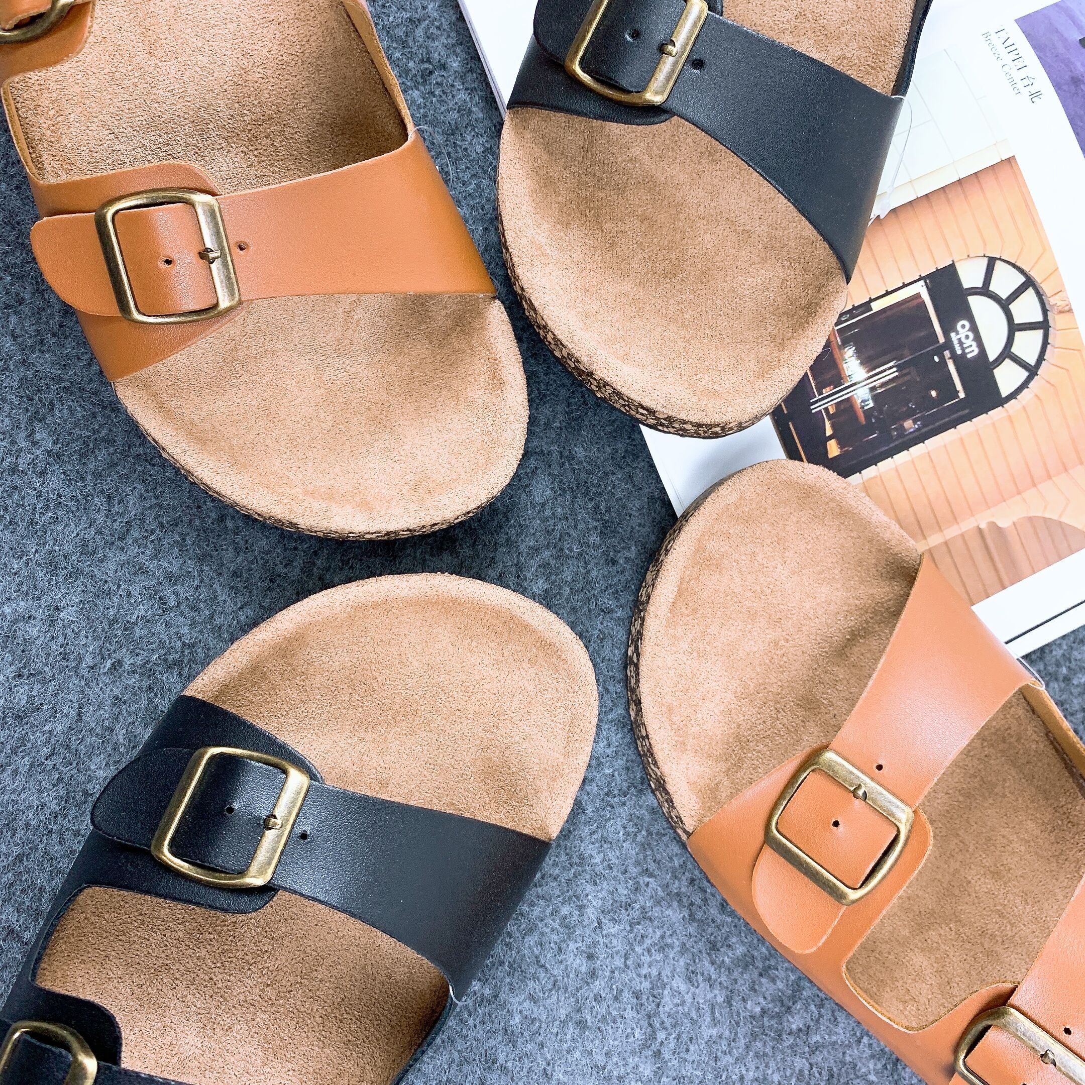 PU Leather Men Open Toe Waterproof Flat Double Adjustable Buckle Strap Indoor Outdoor PVC Cork Sole Birken Design Slippers Slide