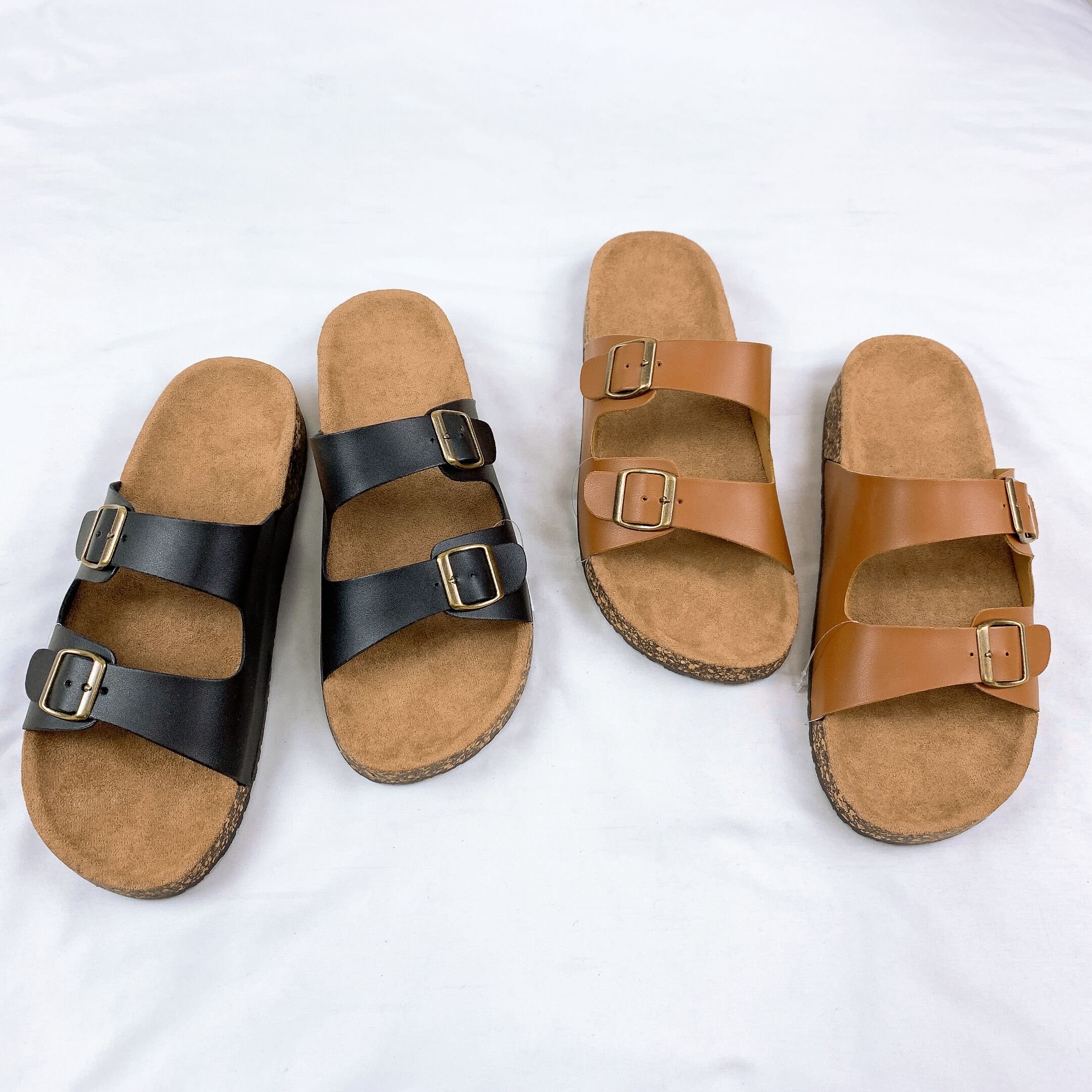 PU Leather Men Open Toe Waterproof Flat Double Adjustable Buckle Strap Indoor Outdoor PVC Cork Sole Birken Design Slippers Slide
