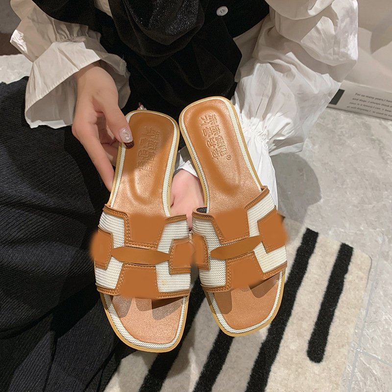 New hot-selling style flat-bottomed large-size women's square-toed rhinestone pearl one-piece sandals slides luxury slippers