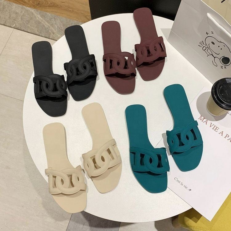 New Square peeping toe Ladies Jelly Slipper Cut summer casual Ladies flat mules outdoor wear ladies slide