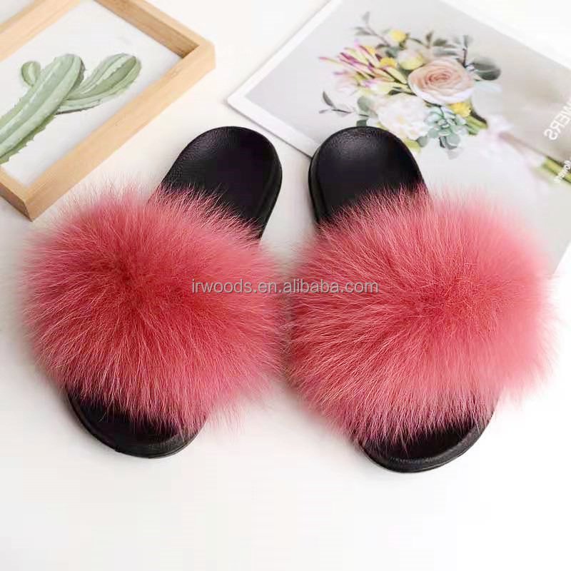 Custom Furry Women Ladies House Custom Designer Real Fox Fur Slippers Wholesale Fur Slides Sandal