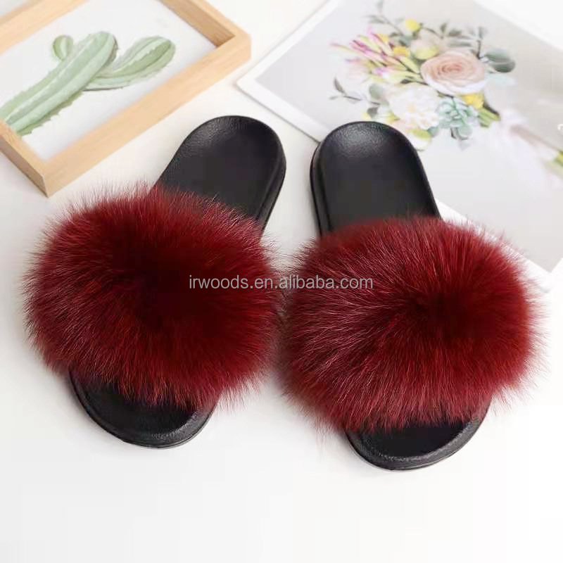 Custom Furry Women Ladies House Custom Designer Real Fox Fur Slippers Wholesale Fur Slides Sandal