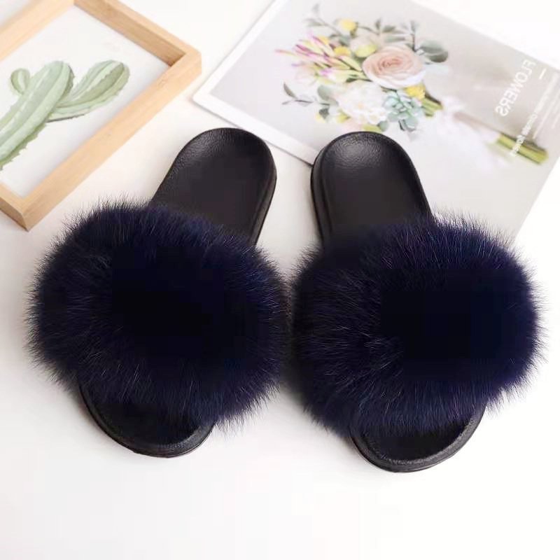Custom Furry Women Ladies House Custom Designer Real Fox Fur Slippers Wholesale Fur Slides Sandal