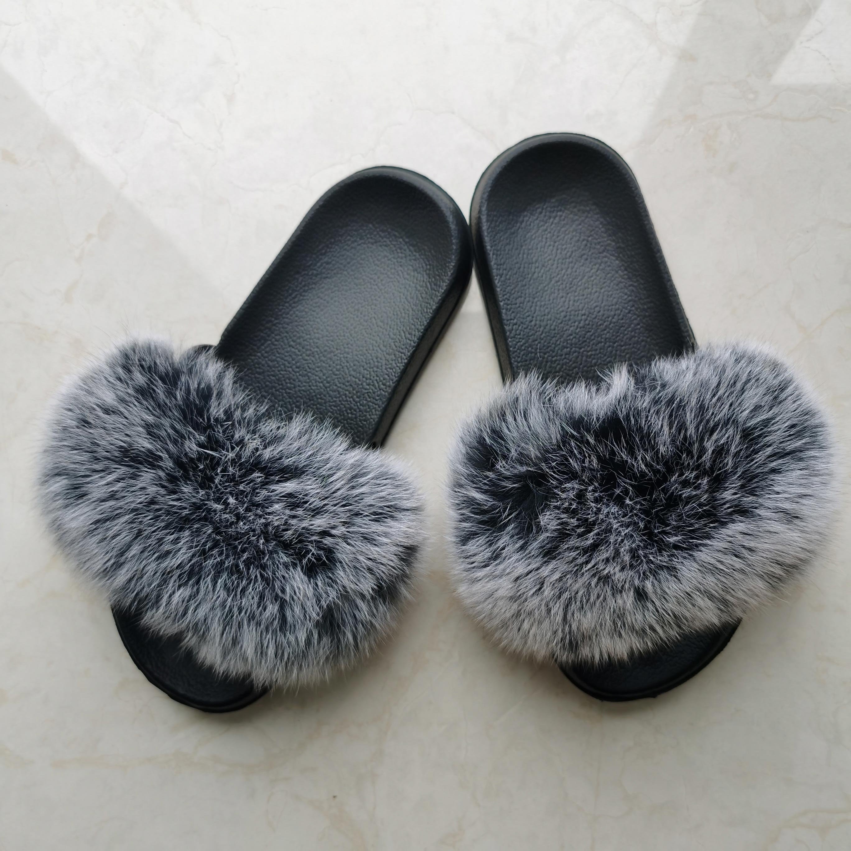 Women Furry House Slippers Natural Fur Slides Fashion Soft Plush Shaggy Slippers Real Fox Fur slippers