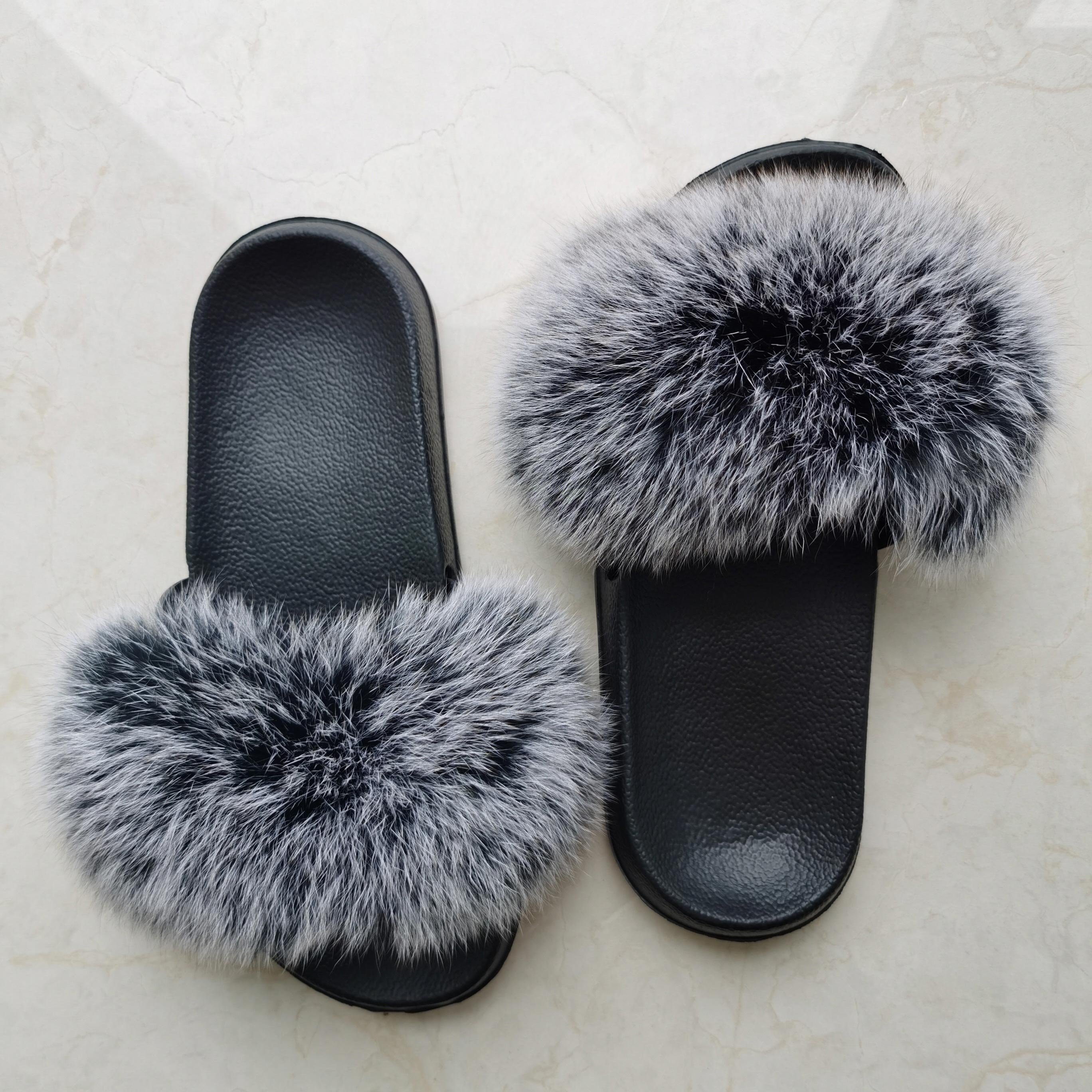 Women Furry House Slippers Natural Fur Slides Fashion Soft Plush Shaggy Slippers Real Fox Fur slippers