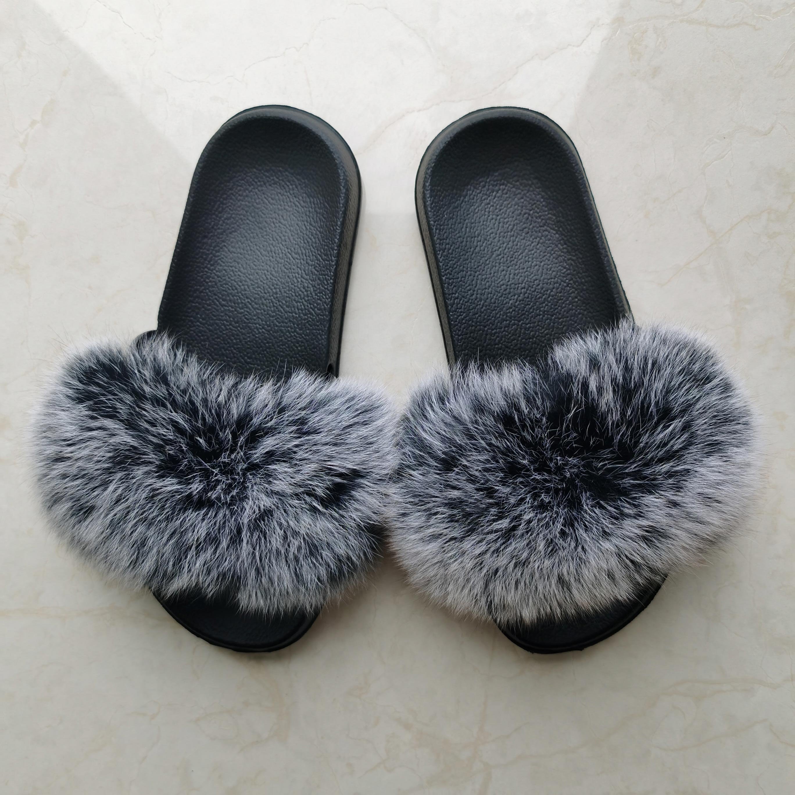 Women Furry House Slippers Natural Fur Slides Fashion Soft Plush Shaggy Slippers Real Fox Fur slippers