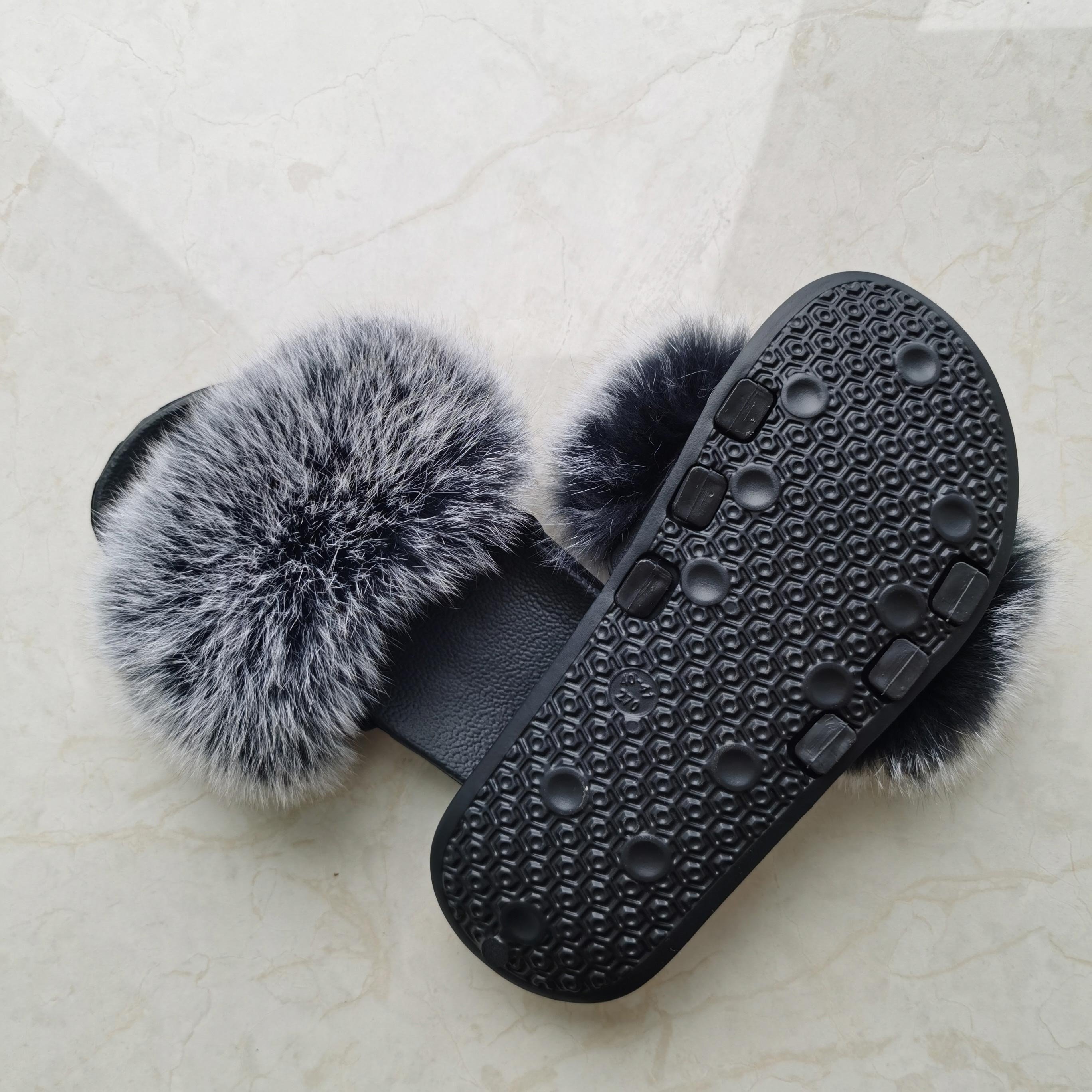 Women Furry House Slippers Natural Fur Slides Fashion Soft Plush Shaggy Slippers Real Fox Fur slippers