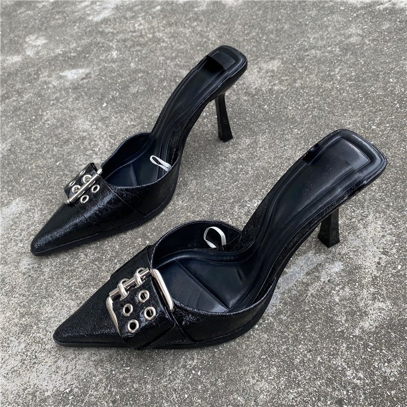 New Fashion Designer Pointed Closed Toe High Heel Muller Shoes Solid Color High Heel Sandals Party Casual Golden Slide Slippers