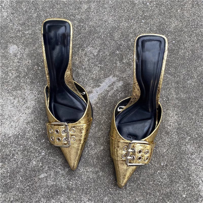 New Fashion Designer Pointed Closed Toe High Heel Muller Shoes Solid Color High Heel Sandals Party Casual Golden Slide Slippers