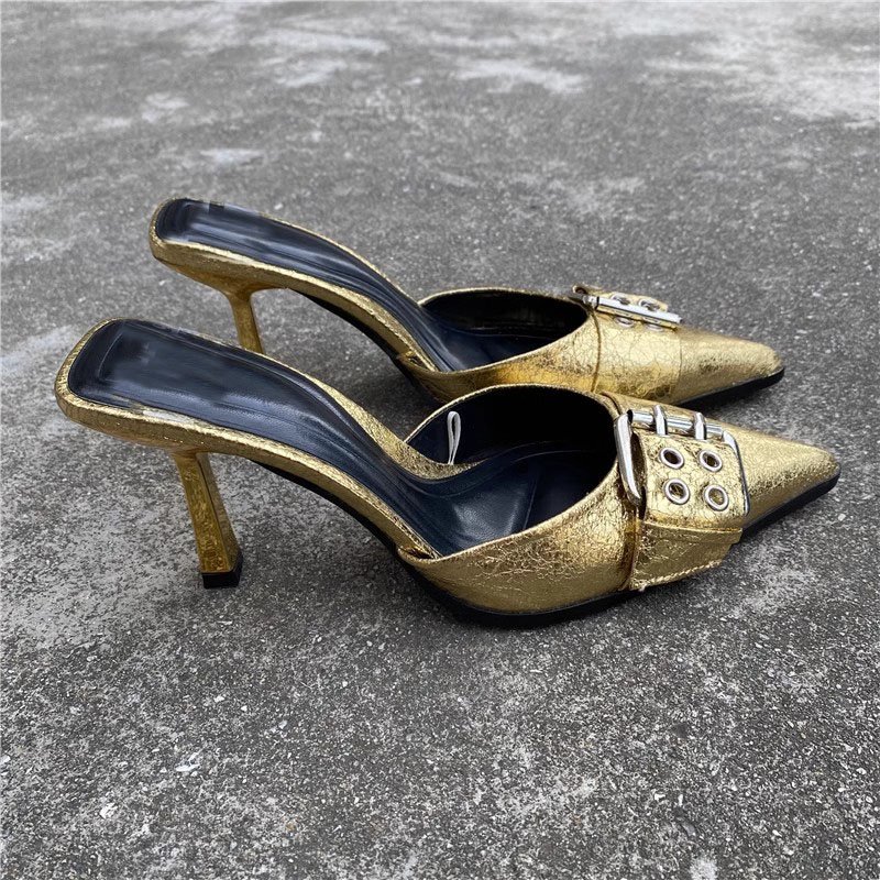 New Fashion Designer Pointed Closed Toe High Heel Muller Shoes Solid Color High Heel Sandals Party Casual Golden Slide Slippers