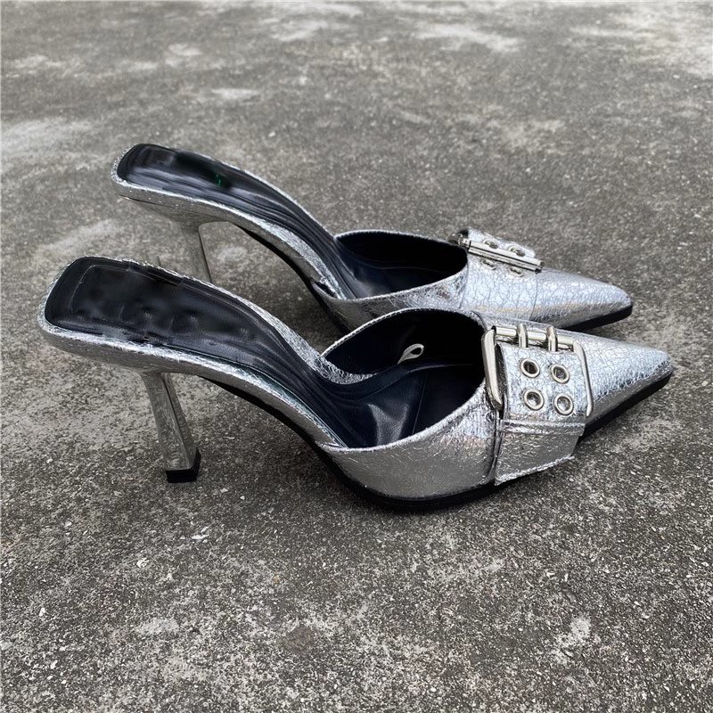 New Fashion Designer Pointed Closed Toe High Heel Muller Shoes Solid Color High Heel Sandals Party Casual Golden Slide Slippers