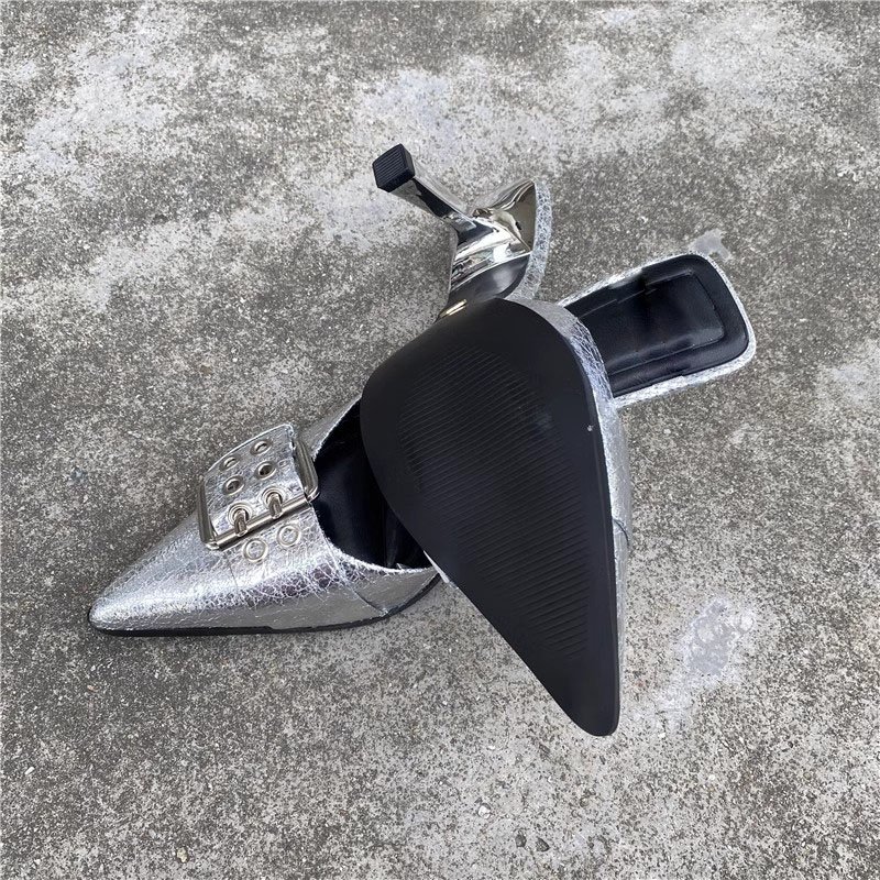 New Fashion Designer Pointed Closed Toe High Heel Muller Shoes Solid Color High Heel Sandals Party Casual Golden Slide Slippers