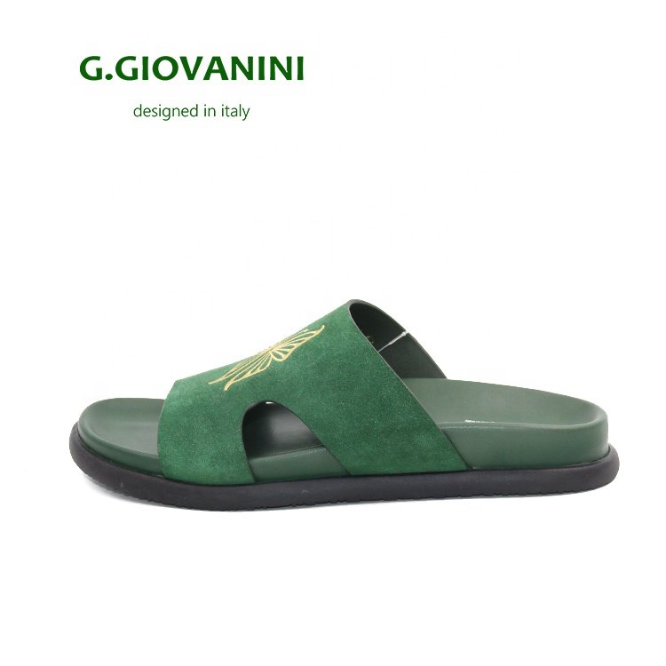 Luxury Man Top Layer Genuine Leather embroidered slippers Slide Slippers